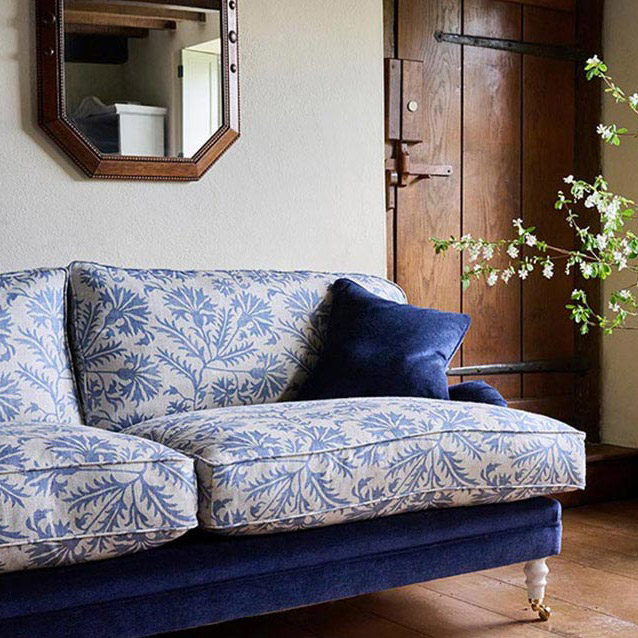 Coates 4 Seater Sofa in Mohair Indigo with Seat and Back Cushions in Gertrude Jekyll Meadow Flower Blue